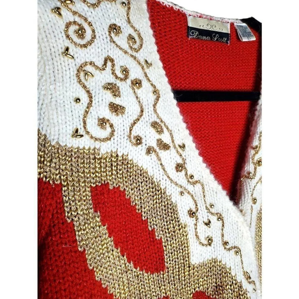 Dana Scott Vintage Women's Sweater Red Gold White V-Neck Beaded Size L - Picture 5 of 5